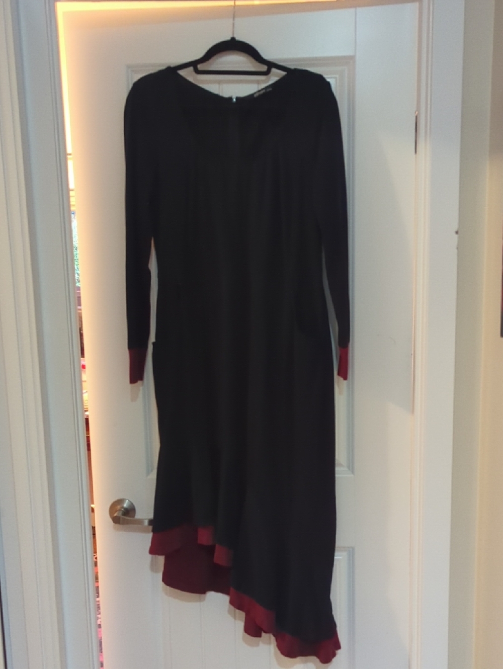 Eshakti Black Dress with Burgundy Trim - Women's Long Sleeve Dress